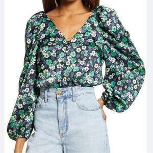 Topshop Floral Puff Sleeve Blouse In Green Multi